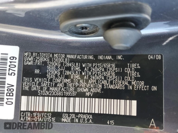 2008 Toyota Sienna CE with VIN 5TDZK23C68S199597, listed as a Copart auction lot 46152035 with Not Provided miles and Salvage Title. Bid and sale history available at DreamBid. Image 13.