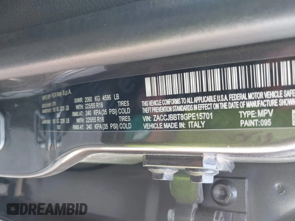 2016 Jeep Renegade Latitude with VIN ZACCJBBT8GPE15701, listed as a IAAI auction lot 41785585 with Not Provided miles. Bid and sale history available at carsss.com. Image 9.