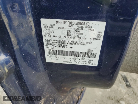 2008 Ford F-150 XLT z VIN 1FTPX14V08FB27751, wystawiony jako Copart lot #58698155 z przebiegiem Nie podano mil oraz Szkoda całkowita • Salvage title. Historia ofert i sprzedaży dostępna na DreamBid. Obrazek 12.