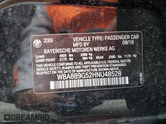 2017 BMW 3 Series 330i with VIN WBA8B9G52HNU48528, listed as a Copart auction lot 59442995 with 109,852 mi miles and Salvage title. Bid and sale history available at DreamBid. Image 12.