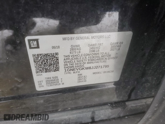 2018 Chevrolet Traverse LT Cloth with VIN 1GNEVGKW8JJ271795, listed as a Copart auction lot 43234935 with 79,346 mi miles and Non Repairable. Bid and sale history available at DreamBid. Image 15.