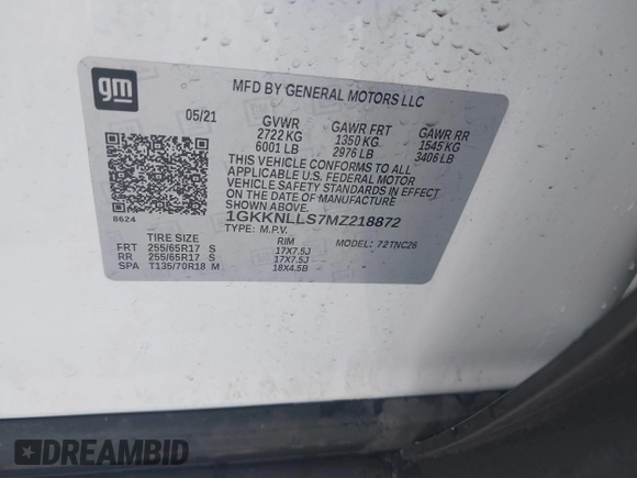 2021 GMC Acadia AT4 with VIN 1GKKNLLS7MZ218872, listed as a IAAI auction lot 41292136 with 41,332 mi miles and . Bid and sale history available at DreamBid. Image 9.