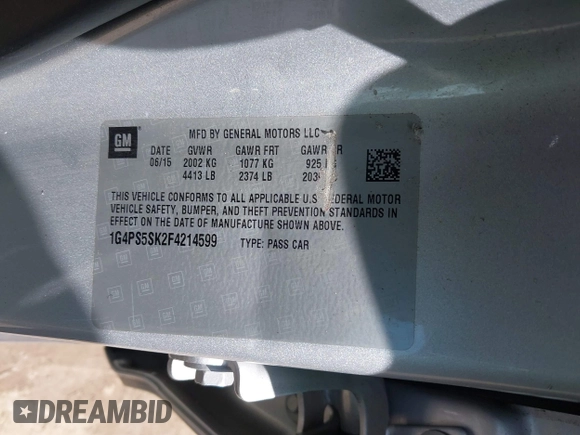 2015 Buick Verano Group with VIN 1G4PS5SK2F4214599, listed as a IAAI auction lot 42174176 with 39,337 mi miles and . Bid and sale history available at DreamBid. Image 9.