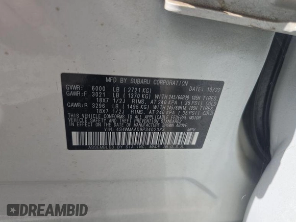 2023 Subaru Ascent Premium z VIN 4S4WMAAD9P3402383, wystawiony jako IAAI lot #42786914 z przebiegiem 109 359 mil mil oraz . Historia ofert i sprzedaży dostępna na DreamBid. Obrazek 3.