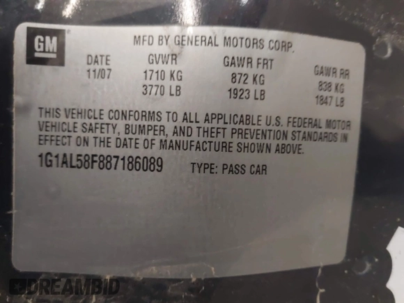 2008 Chevrolet Cobalt LT z VIN 1G1AL58F887186089, wystawiony jako IAAI lot #42192295 z przebiegiem 136 910 mil mil oraz . Historia ofert i sprzedaży dostępna na DreamBid. Obrazek 9.