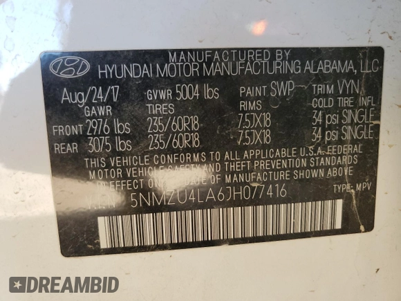 2018 Hyundai Santa Fe 2.0T с VIN 5NMZU4LA6JH077416, выставлен на аукционе Copart как лот 44680115 с пробегом 73 430 миль миль и Списание • Salvage title. История ставок и продаж доступна на DreamBid. Изображение 13.
