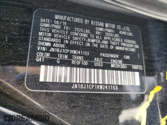 2019 Nissan Rogue S with VIN JN1BJ1CP1KW241153, listed as a Copart auction lot 50381415 with 117,820 mi miles and Salvage Title. Bid and sale history available at DreamBid. Image 16.