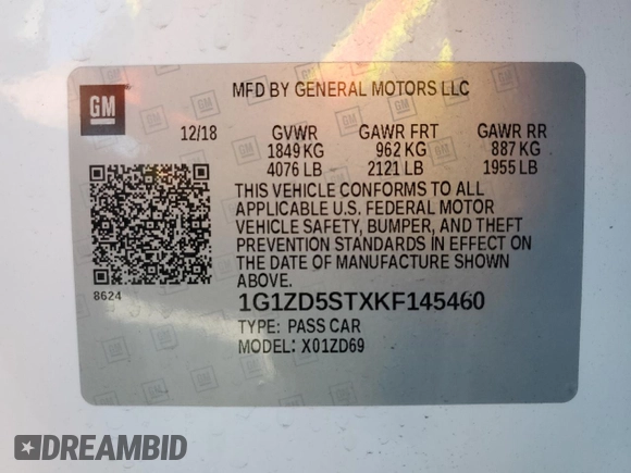 2019 Chevrolet Malibu LT with VIN 1G1ZD5STXKF145460, listed as a Copart auction lot 47398265 with 69,385 mi miles and Salvage Title. Bid and sale history available at DreamBid. Image 15.