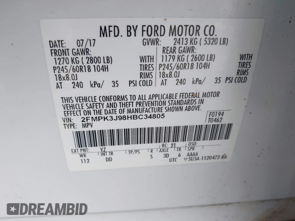 2017 Ford Edge SEL with VIN 2FMPK3J98HBC34805, listed as a IAAI auction lot 41129999 with 173,217 mi miles. Bid and sale history available at carsss.com. Image 9.