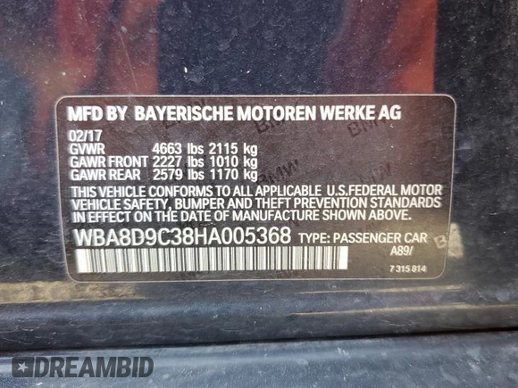 2017 BMW 3 Series 330i xDrive with VIN WBA8D9C38HA005368, listed as a Copart auction lot 52611265 with 106,972 mi miles and Salvage title. Bid and sale history available at DreamBid. Image 14.
