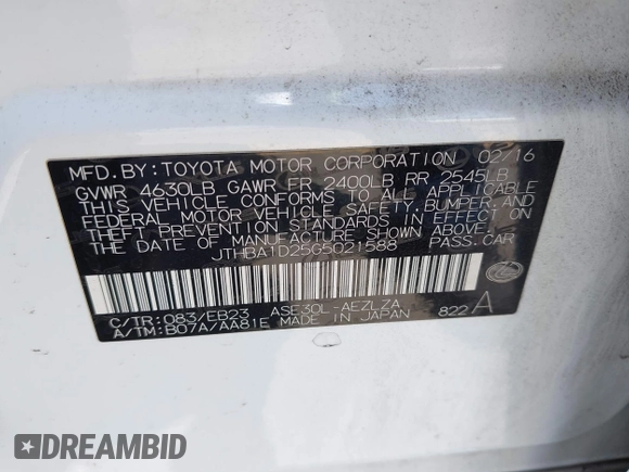 2016 Lexus IS 200t with VIN JTHBA1D25G5021588, listed as a IAAI auction lot 42451848 with 122,437 mi miles and . Bid and sale history available at DreamBid. Image 9.