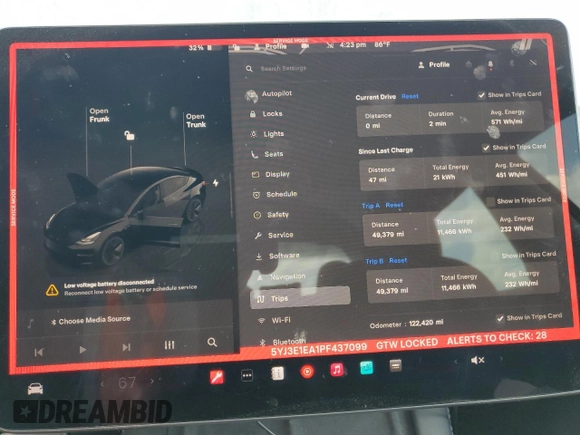 2023 Tesla Model 3 with VIN 5YJ3E1EA1PF437099, listed as a Copart auction lot 51647135 with 122,420 mi miles and Salvage Title. Bid and sale history available at carsss.com. Image 9.