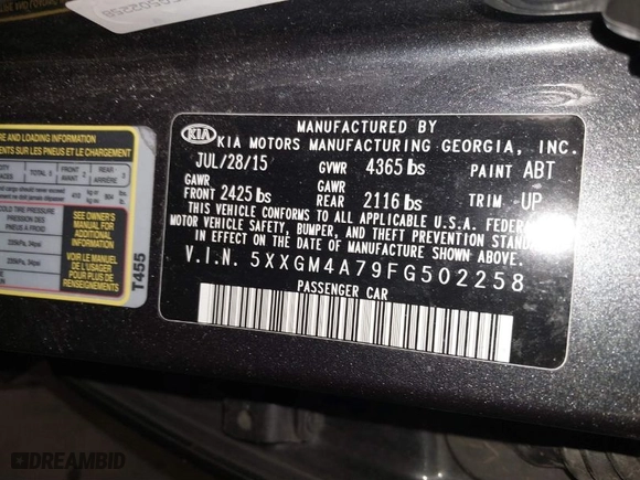 2015 Kia Optima LX with VIN 5XXGM4A79FG502258, listed as a IAAI auction lot 41279795 with 92,090 mi miles. Bid and sale history available at carsss.com. Image 9.