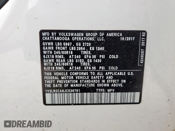 2018 Volkswagen Atlas SE with VIN 1V2LR2CA6JC536761, listed as a Copart auction lot 62390765 with 70,238 mi miles and Salvage title. Bid and sale history available at DreamBid. Image 13.