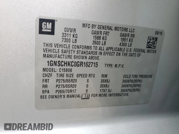 2016 Chevrolet Suburban LT with VIN 1GNSCHKC0GR162715, listed as a Copart auction lot 51071924 with 247,376 mi miles and . Bid and sale history available at DreamBid. Image 13.
