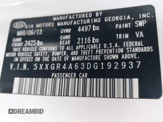 2013 Kia Optima SX with VIN 5XXGR4A63DG192937, listed as a IAAI auction lot 42247881 with 114,837 mi miles and . Bid and sale history available at DreamBid. Image 9.