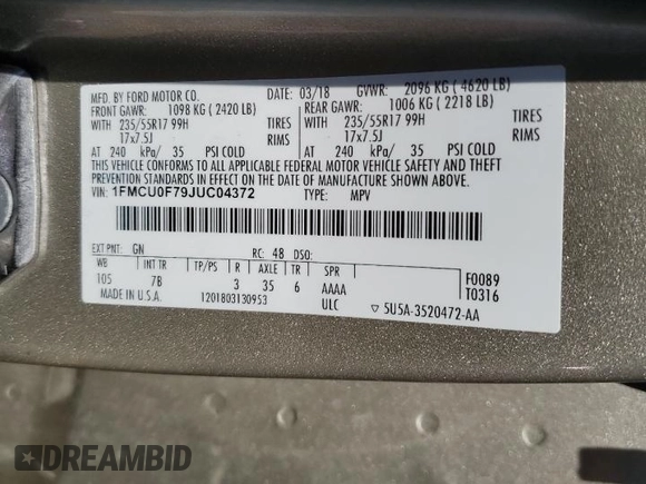 2018 Ford Escape S with VIN 1FMCU0F79JUC04372, listed as a Copart auction lot 56191615 with 47,475 mi miles and Clean title. Bid and sale history available at DreamBid. Image 14.