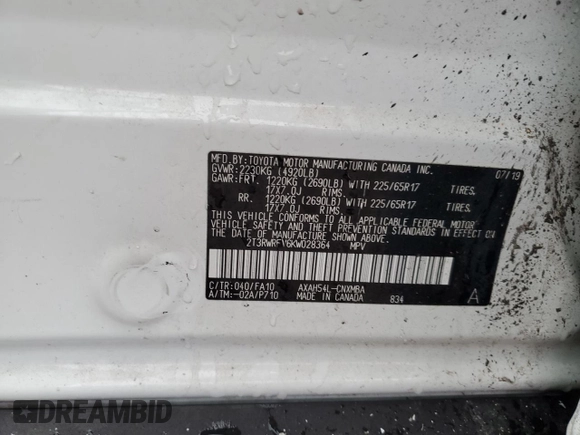 2019 Toyota RAV4 Hybrid XLE with VIN 2T3RWRFV6KW028364, listed as a Copart auction lot 49731355 with 55,839 mi miles and Salvage Title. Bid and sale history available at carsss.com. Image 13.