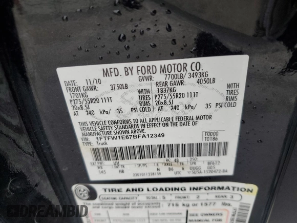 2011 Ford F-150 Lariat with VIN 1FTFW1E67BFA12349, listed as a Copart auction lot 44407295 with 178,436 mi miles and Salvage Title. Bid and sale history available at carsss.com. Image 14.