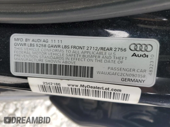 2012 Audi A6 Prestige with VIN WAUJGAFC2CN090358, listed as a Copart auction lot 59486925 with 159,885 mi miles and Salvage title. Bid and sale history available at DreamBid. Image 12.