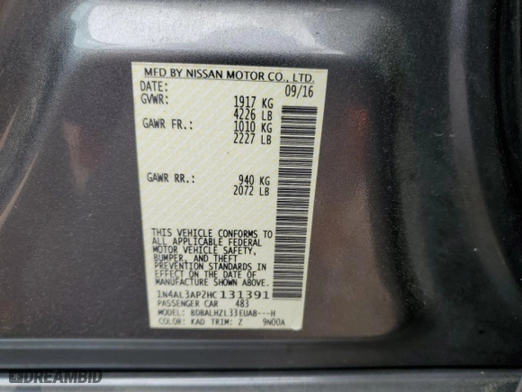 2017 Nissan Altima 2.5 S with VIN 1N4AL3AP2HC131391, listed as a Copart auction lot 52106425 with 192,827 mi miles and Salvage Title. Bid and sale history available at carsss.com. Image 14.