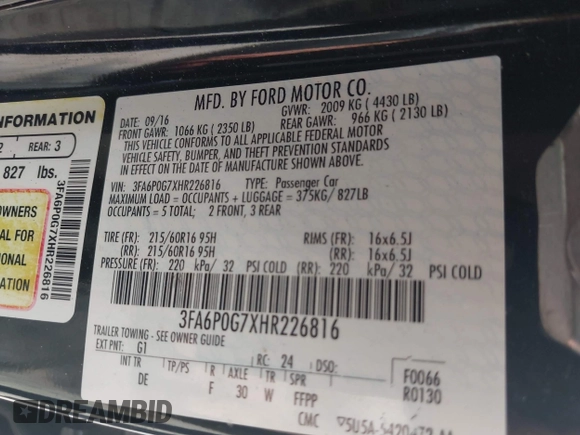 2017 Ford Fusion S with VIN 3FA6P0G7XHR226816, listed as a IAAI auction lot 41949093 with 103,954 mi miles and . Bid and sale history available at DreamBid. Image 9.