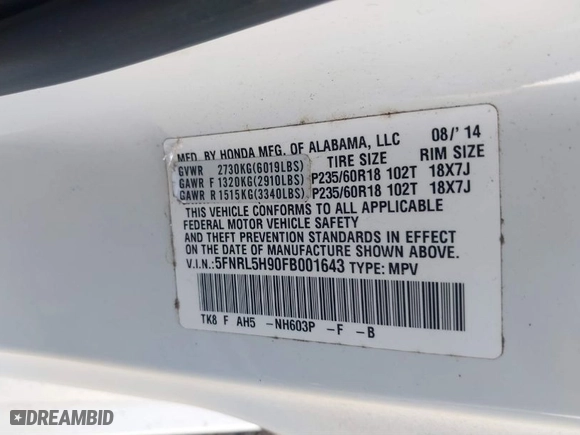 2015 Honda Odyssey Touring Elite with VIN 5FNRL5H90FB001643, listed as a IAAI auction lot 41487890 with NaN miles. Bid and sale history available at carsss.com. Image 9.