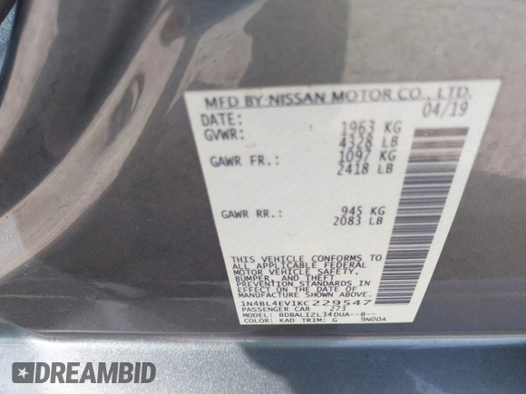 2019 Nissan Altima SL with VIN 1N4BL4EV1KC229547, listed as a IAAI auction lot 41810562 with 76,362 mi miles and . Bid and sale history available at DreamBid. Image 8.