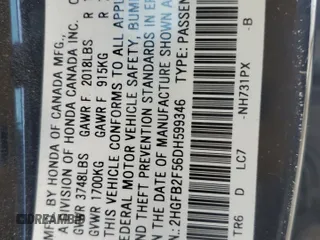 2013 Honda Civic LX с VIN 2HGFB2F56DH599346, выставлен на аукционе Copart как лот 59877115 с пробегом 206 561 миль миль и Списание • Salvage title. История ставок и продаж доступна на DreamBid. Изображение 13.