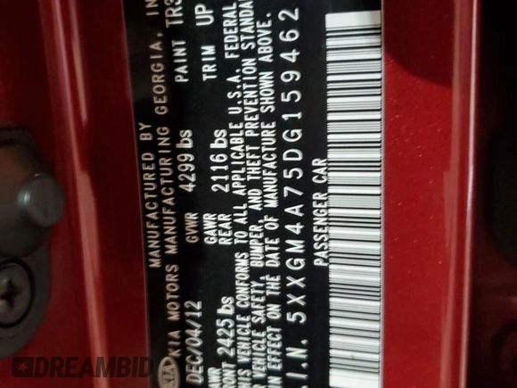 2013 Kia Optima LX z VIN 5XXGM4A75DG159462, wystawiony jako Copart lot #56678015 z przebiegiem 133 434 mil mil oraz Szkoda całkowita • Salvage title. Historia ofert i sprzedaży dostępna na DreamBid. Obrazek 12.