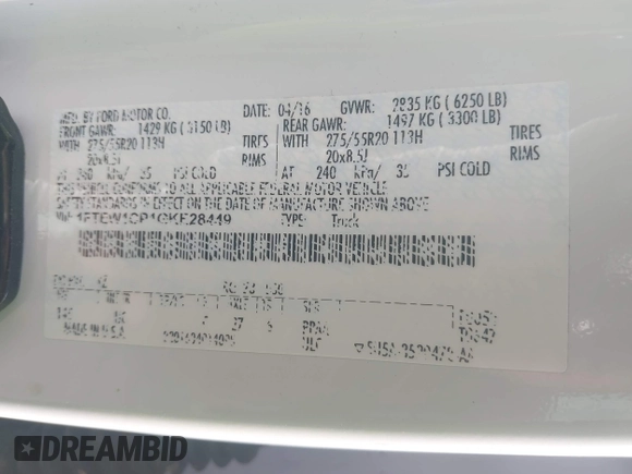 2016 Ford F-150 XL with VIN 1FTEW1CP1GKE28449, listed as a IAAI auction lot 42024127 with 80,009 mi miles and . Bid and sale history available at DreamBid. Image 9.
