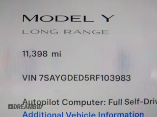 2024 Tesla Model Y with VIN 7SAYGDED5RF103983, listed as a IAAI auction lot 41933836 with 11,398 mi miles and . Bid and sale history available at DreamBid. Image 15.
