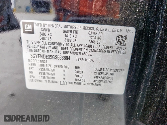 2016 Cadillac SRX Premium Collection with VIN 3GYFNDE35GS566884, listed as a Copart auction lot 62425985 with 27,133 mi miles and Salvage title. Bid and sale history available at DreamBid. Image 13.