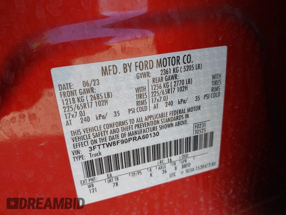 2023 Ford Maverick XL with VIN 3FTTW8F90PRA60130, listed as a IAAI auction lot 41912536 with 11,460 mi miles and . Bid and sale history available at DreamBid. Image 9.