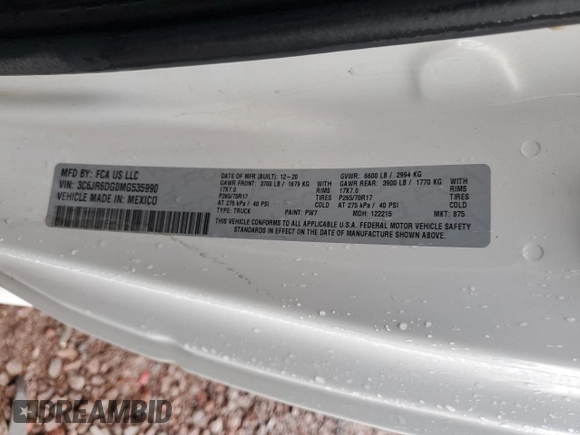 2021 Ram 1500 Tradesman with VIN 3C6JR6DG0MG535990, listed as a Copart auction lot 58473625 with 39,260 mi miles and Salvage title. Bid and sale history available at DreamBid. Image 12.