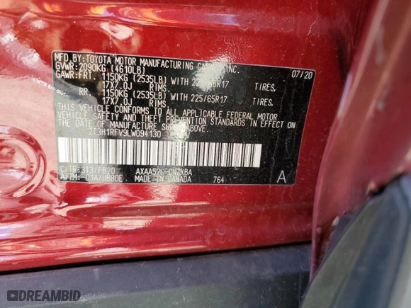 2020 Toyota RAV4 LE with VIN 2T3H1RFV9LW094130, listed as a Copart auction lot 47015965 with 57,059 mi miles and Salvage Title. Bid and sale history available at carsss.com. Image 15.
