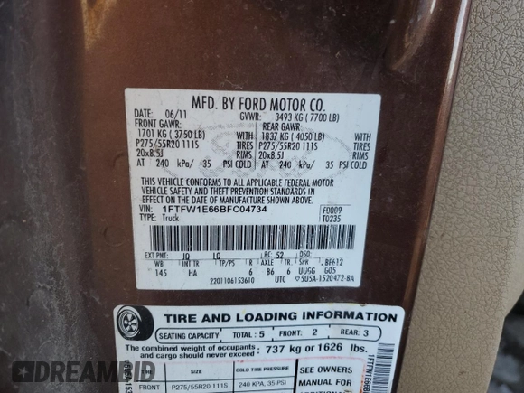 2011 Ford F-150 Lariat with VIN 1FTFW1E66BFC04734, listed as a Copart auction lot 89369565 with 0 mi miles and Salvage Title. Bid and sale history available at carsss.com. Image 12.