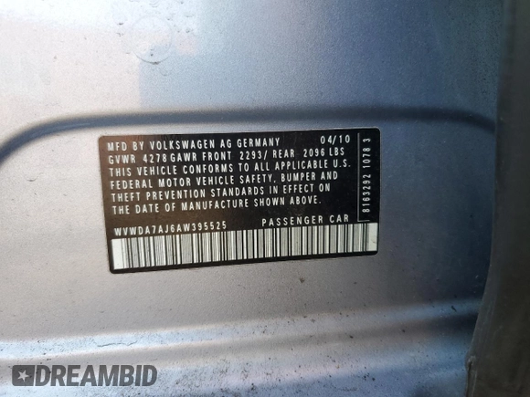 2010 Volkswagen Golf with VIN WVWDA7AJ6AW395525, listed as a Copart auction lot 49929685 with 119,191 mi miles and Salvage title. Bid and sale history available at DreamBid. Image 14.