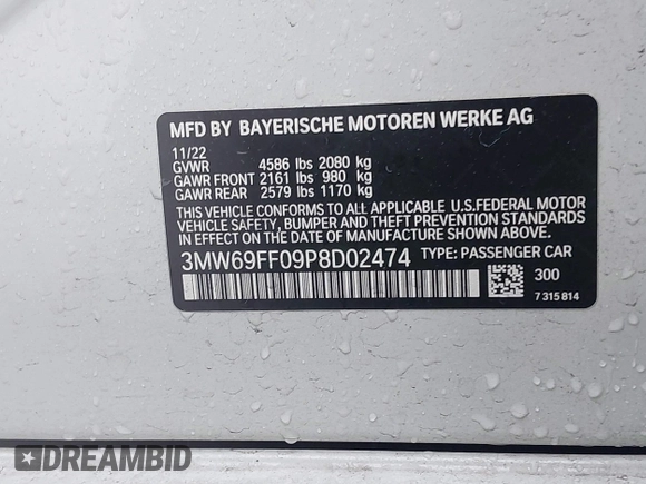 2023 BMW 3 Series 330i with VIN 3MW69FF09P8D02474, listed as a IAAI auction lot 41551264 with 20,238 mi miles. Bid and sale history available at carsss.com. Image 9.