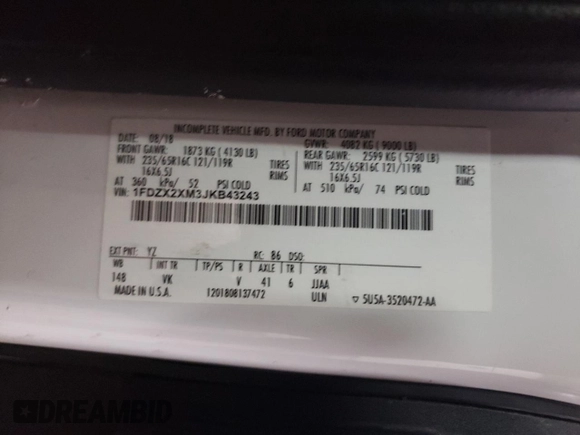 2018 Ford Transit with VIN 1FDZX2XM3JKB43243, listed as a Copart auction lot 47685495 with 201,458 mi miles and Clean Title. Bid and sale history available at DreamBid. Image 12.