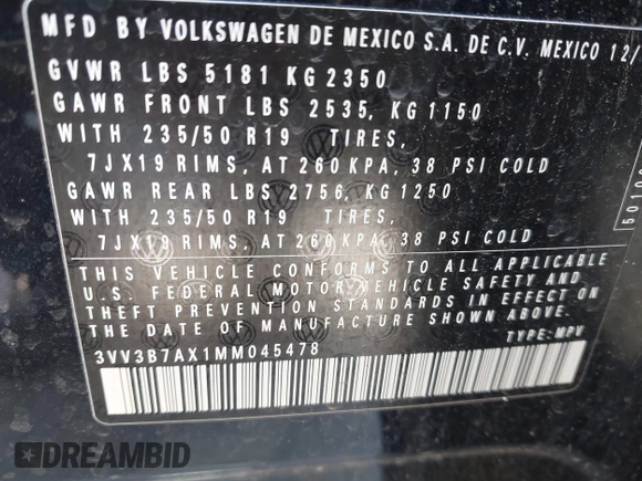 2021 Volkswagen Tiguan SE with VIN 3VV3B7AX1MM045478, listed as a IAAI auction lot 41947899 with 56,694 mi miles and . Bid and sale history available at DreamBid. Image 9.