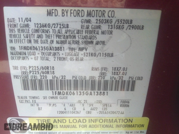 2005 Ford Freestyle Limited with VIN 1FMDK06135GA13881, listed as a IAAI auction lot 42427169 with 141,362 mi miles and . Bid and sale history available at DreamBid. Image 9.