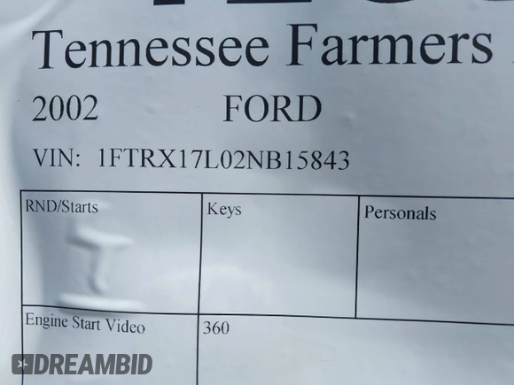 2002 Ford F-150 XL with VIN 1FTRX17L02NB15843, listed as a IAAI auction lot 41836759 with 1 mi miles. Bid and sale history available at carsss.com. Image 9.