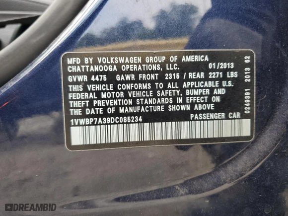 2013 Volkswagen Passat SE with VIN 1VWBP7A39DC085234, listed as a Copart auction lot 69177574 with 173,291 mi miles and Salvage Title. Bid and sale history available at carsss.com. Image 14.