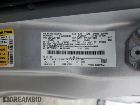 2019 Ford Ranger XL with VIN 1FTER1FH1KLB05050, listed as a Copart auction lot 43399975 with 44,349 mi miles and Salvage Title. Bid and sale history available at DreamBid. Image 12.