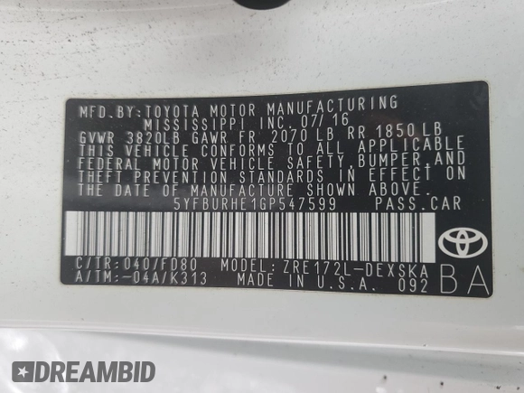 2016 Toyota Corolla L z VIN 5YFBURHE1GP547599, wystawiony jako Copart lot #56486405 z przebiegiem 90 908 mil mil oraz Szkoda całkowita • Salvage title. Historia ofert i sprzedaży dostępna na DreamBid. Obrazek 12.