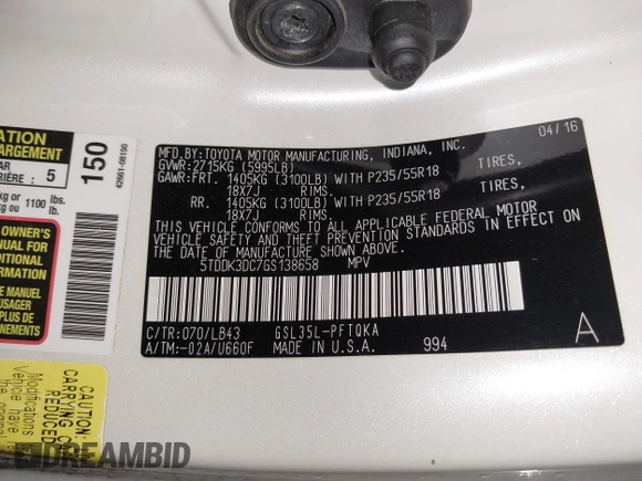 2016 Toyota Sienna Ltd with VIN 5TDDK3DC7GS138658, listed as a IAAI auction lot 41701349 with 189,413 mi miles. Bid and sale history available at carsss.com. Image 9.