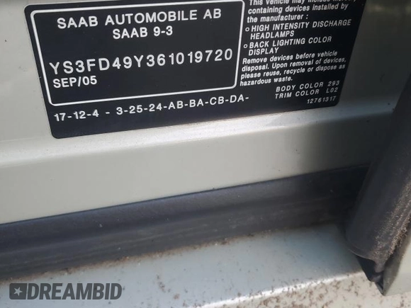 2006 Saab 9-3 z VIN YS3FD49Y361019720, wystawiony jako Copart lot #89375945 z przebiegiem 78 911 mil mil oraz Czysty tytuł • Clean title. Historia ofert i sprzedaży dostępna na DreamBid. Obrazek 12.