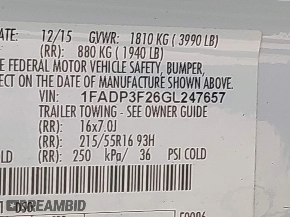 2016 Ford Focus SE with VIN 1FADP3F26GL247657, listed as a IAAI auction lot 42590097 with 37,851 mi miles and . Bid and sale history available at DreamBid. Image 9.