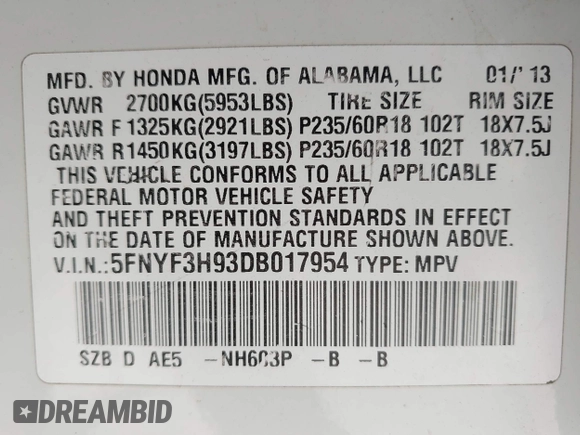 2013 Honda Pilot Touring with VIN 5FNYF3H93DB017954, listed as a IAAI auction lot 42185556 with 174,929 mi miles and . Bid and sale history available at carsss.com. Image 9.